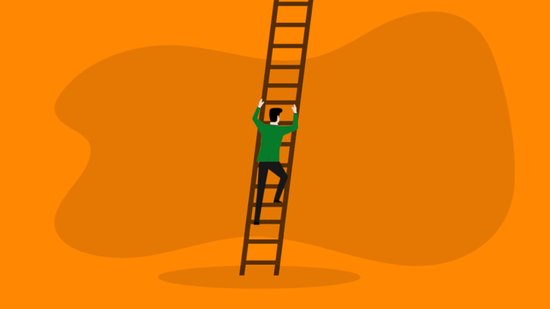 employee climbing ladder to get job promotion
